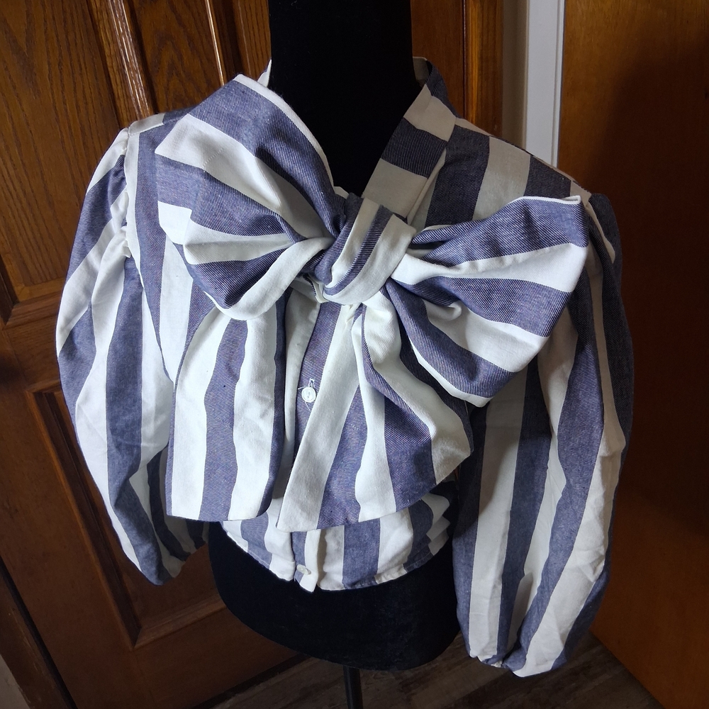 Striped Bow Front Blouse in Denim and White - Picture 3 of 4